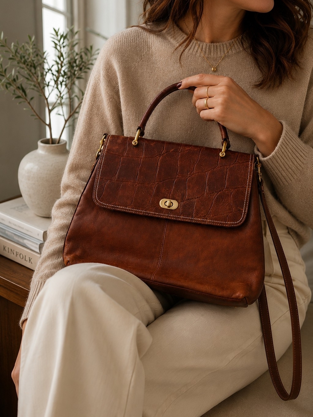 Vintage Classic Brown Leather Top-Handle Satchel - Elegant Everyday Bag